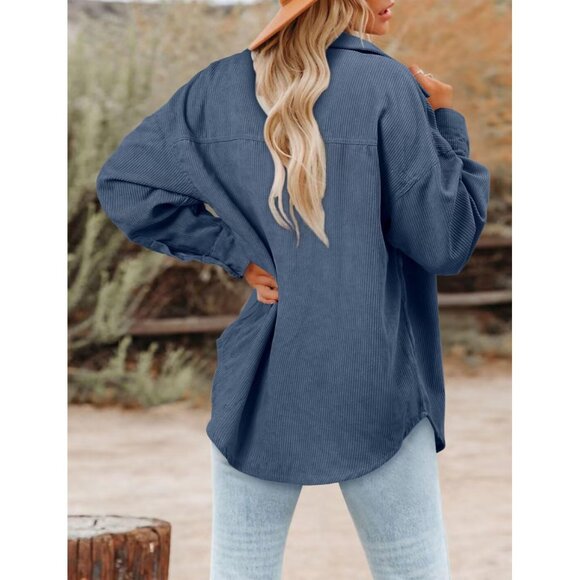 Women Blue Collared V Neck Button Down Oversized Long Sleeve Shirt Top - Picture 2 of 6
